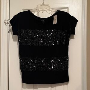 LOFT Black Sequin Short Sleeve Top